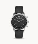 Emporio Armani Aviator Chronograph Black Dial Black Leather Strap Watch For Men - AR11143
